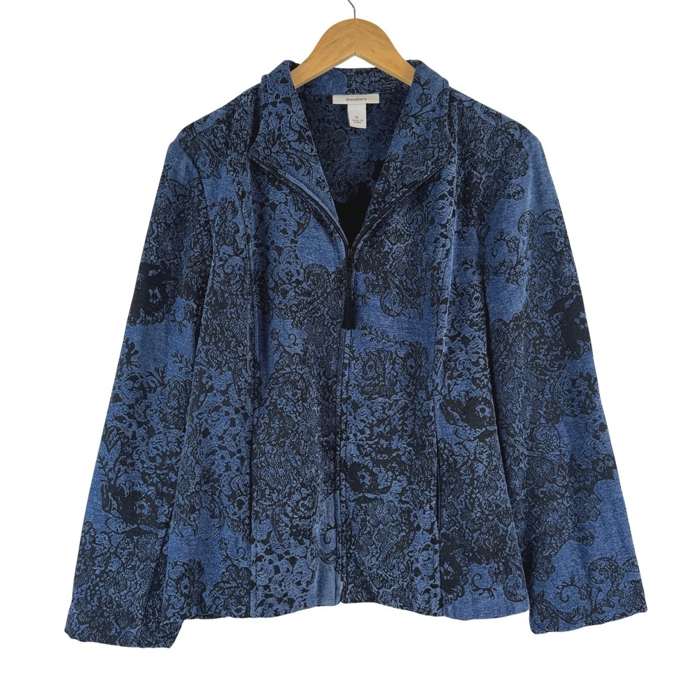 Dressbarn Tapestry XL‎ Blue Black Floral Damask Full Zip Jacket Tassel Pull